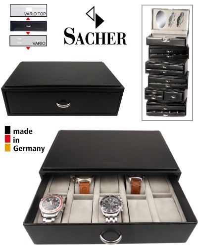 Stapelbare Uhrenbox mit erweiterbare VARIO - hergestellt Schublade in SACHER Uhrenschatulle Deutschland